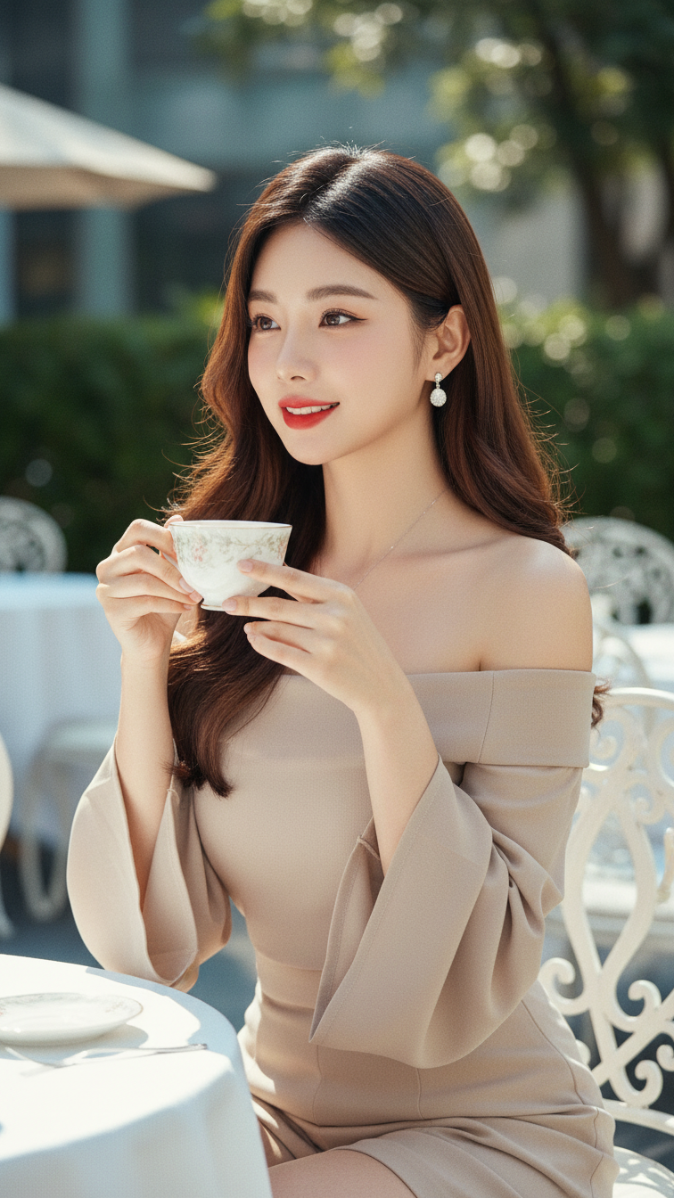 Chân dung nữ trẻ thanh lịch tại quán cà phê ngoài trời sang trọng