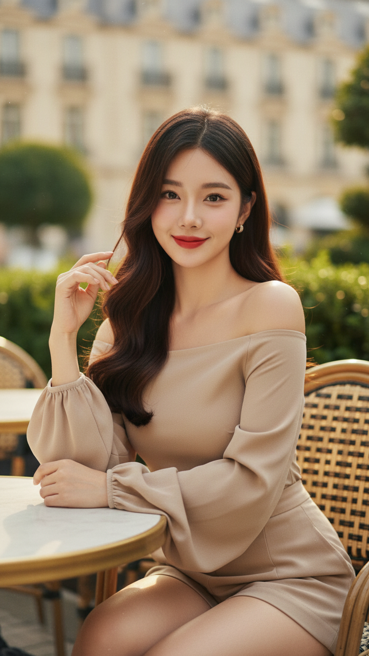 Chân dung trẻ trung của cô gái châu Á tự tin giữa không gian cà phê sang trọng