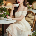 Chân dung nữ thanh lịch tại quán cafe ngoài trời vào giờ vàng rực rỡ