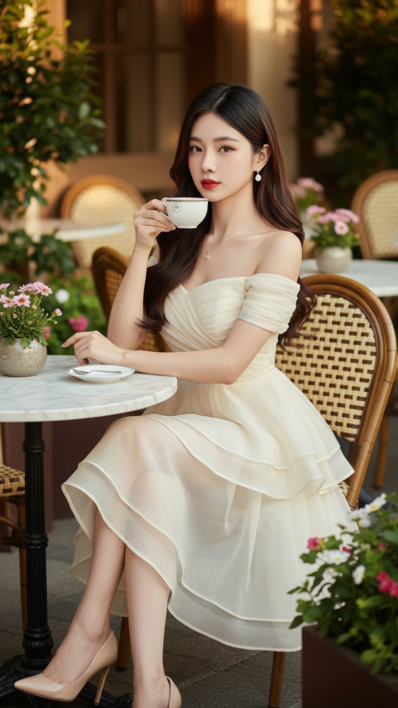 Chân dung nữ thanh lịch tại quán cafe ngoài trời vào giờ vàng rực rỡ