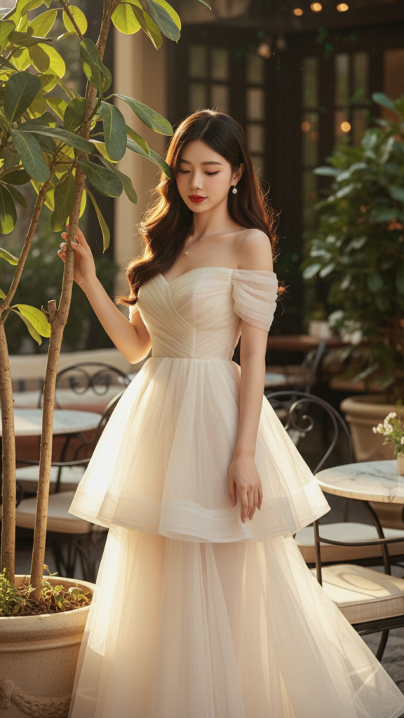 Chân dung nữ thanh lịch giữa không gian cafe sang trọng và ánh sáng vàng giờ vàng