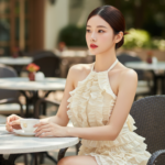 Chân dung cô gái trẻ thanh lịch tại quán cà phê ngoài trời sang trọng