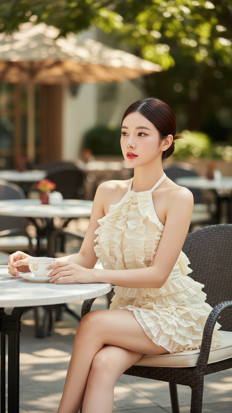 Chân dung cô gái trẻ thanh lịch tại quán cà phê ngoài trời sang trọng