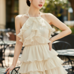 Chân dung thanh lịch của cô gái trẻ trong quán cafe ngoài trời sang trọng