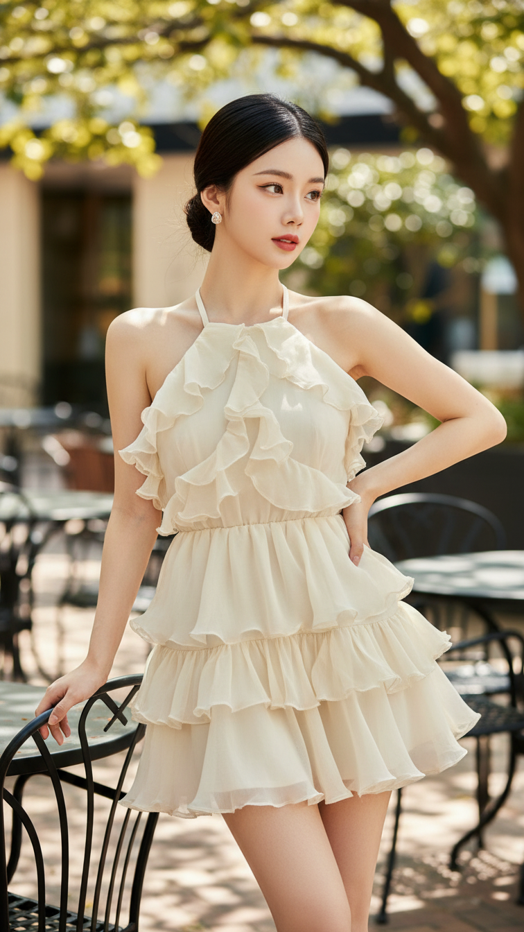 Chân dung thanh lịch của cô gái trẻ trong quán cafe ngoài trời sang trọng