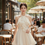 Chân dung thanh lịch của người mẫu trẻ tại quán cà phê ngoài trời