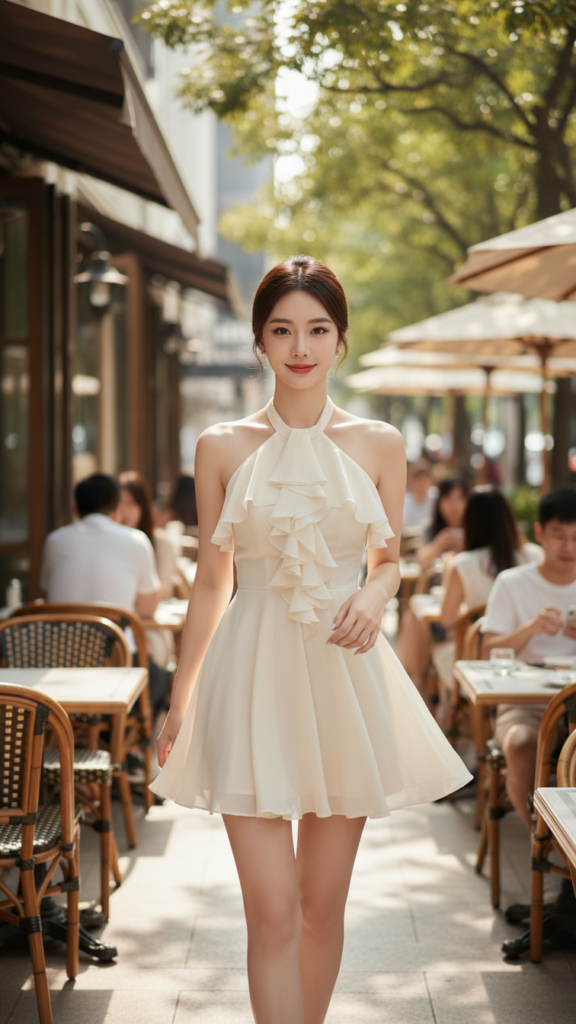 Chân dung thanh lịch của người mẫu trẻ tại quán cà phê ngoài trời