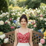 Chân dung thanh lịch của cô gái trẻ trong khu vườn lãng mạn và sắc màu rực rỡ