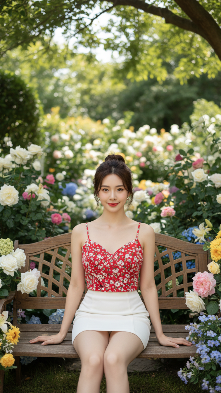 Chân dung thanh lịch của cô gái trẻ trong khu vườn lãng mạn và sắc màu rực rỡ