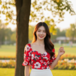 Chân dung người phụ nữ trẻ với phong cách thời trang tươi trẻ giữa công viên đẹp mộng mơ