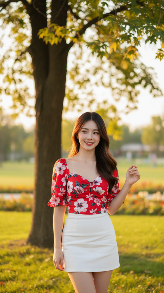 Chân dung người phụ nữ trẻ với phong cách thời trang tươi trẻ giữa công viên đẹp mộng mơ