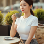 Chân dung nữ thanh lịch trong quán cafe sang trọng lúc hoàng hôn