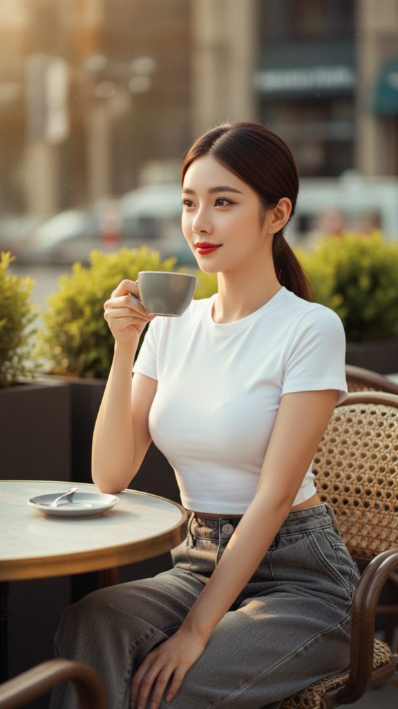 Chân dung nữ thanh lịch trong quán cafe sang trọng lúc hoàng hôn