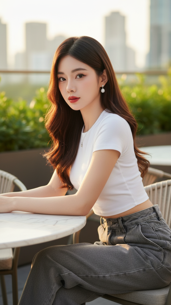 Chân dung thực tế của cô gái trẻ đầy tự tin và phong cách tại quán cafe sang trọng