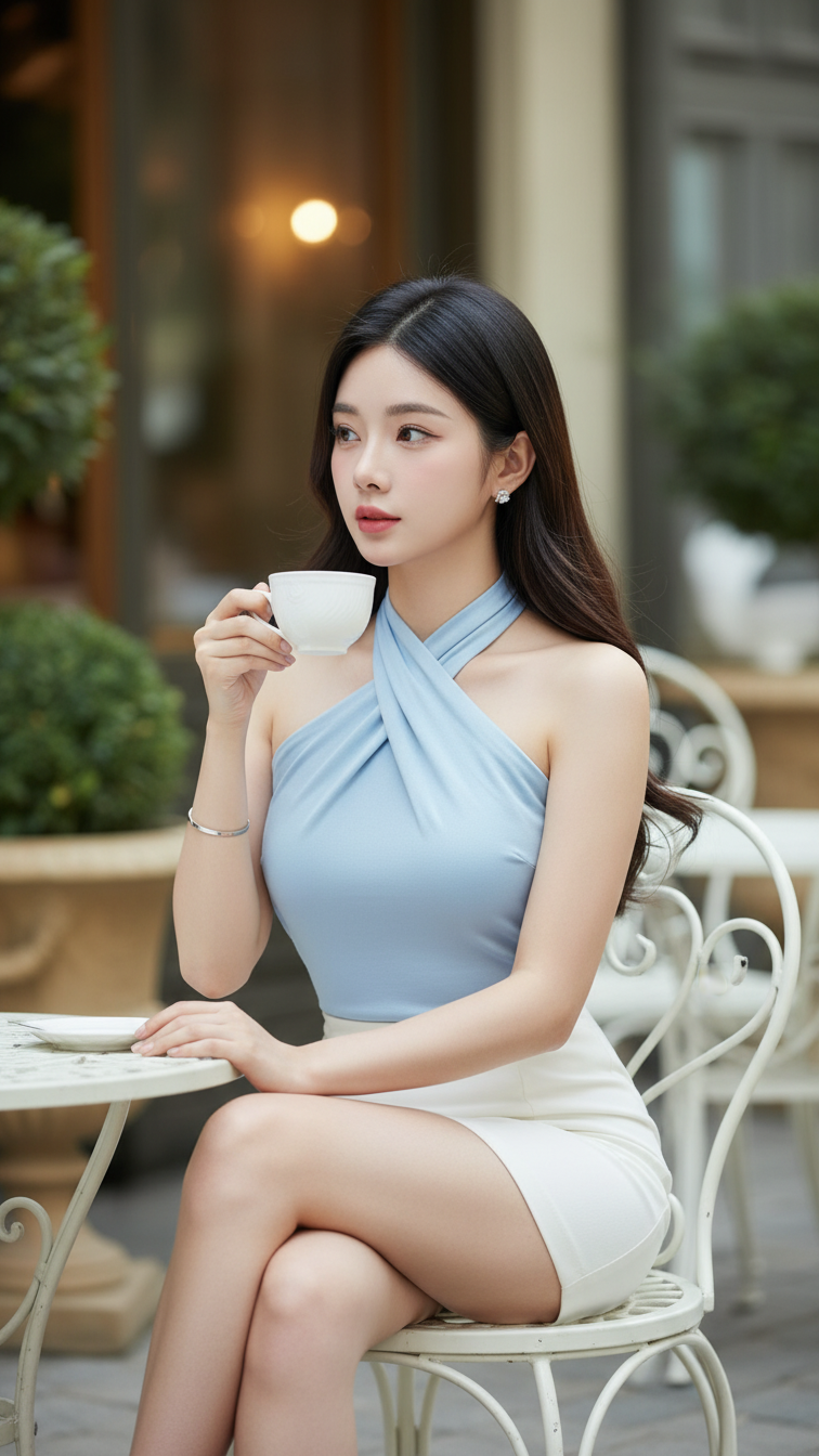 Chân dung cô gái thanh lịch và tự tin trong không gian cà phê sang trọng