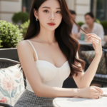 Chân dung thanh lịch của cô gái trẻ trong không gian quán cà phê sang trọng