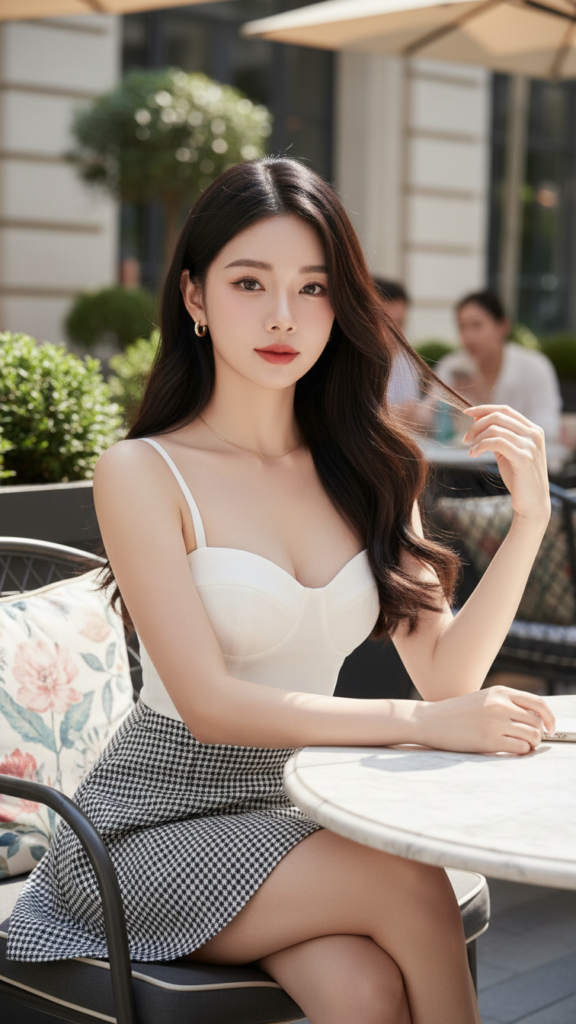 Chân dung thanh lịch của cô gái trẻ trong không gian quán cà phê sang trọng