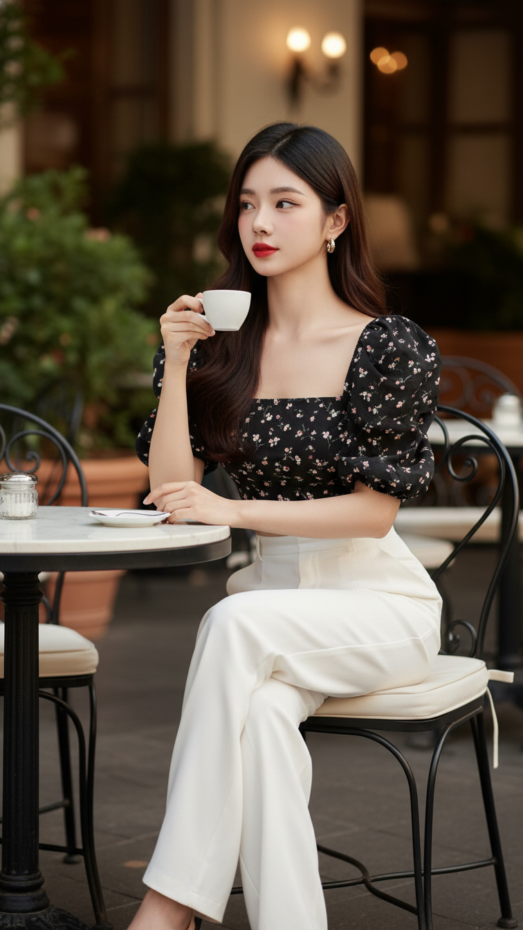 Chân dung thời trang của cô gái trẻ tại quán cafe sang trọng