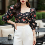 Chân dung cô gái trẻ với phong cách thời trang thanh lịch và tự tin tại quán cafe ngoài trời