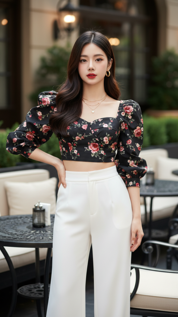 Chân dung cô gái trẻ với phong cách thời trang thanh lịch và tự tin tại quán cafe ngoài trời