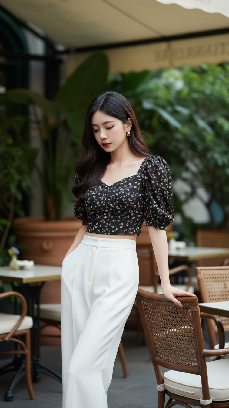 Tạo chân dung thực tế của cô gái trẻ thanh lịch và thời thượng tại quán cafe sang trọng