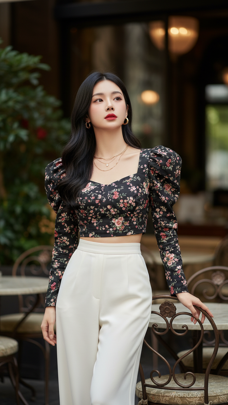 Chân dung thời trang thanh lịch của cô gái trẻ tại quán cafe sang trọng