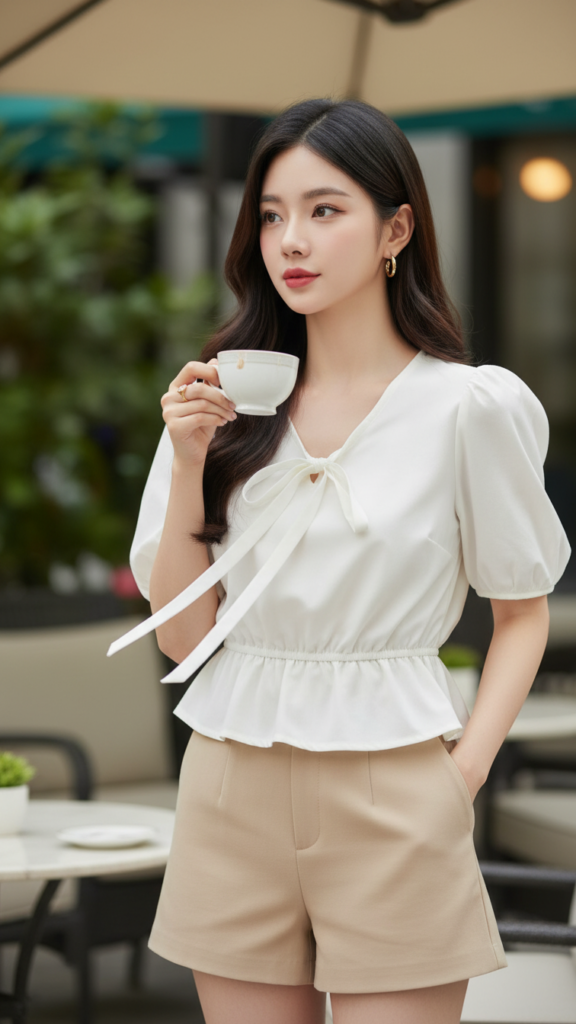 Chân dung thanh lịch của cô gái trẻ trong không gian quán cà phê sang trọng