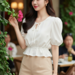 Chân dung cô gái trẻ thanh lịch tại quán cafe sang trọng ngoài trời