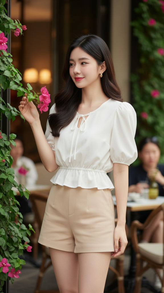 Chân dung cô gái trẻ thanh lịch tại quán cafe sang trọng ngoài trời