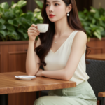 Bức chân dung thực tế của cô gái trẻ thanh lịch trong quán cafe sang trọng