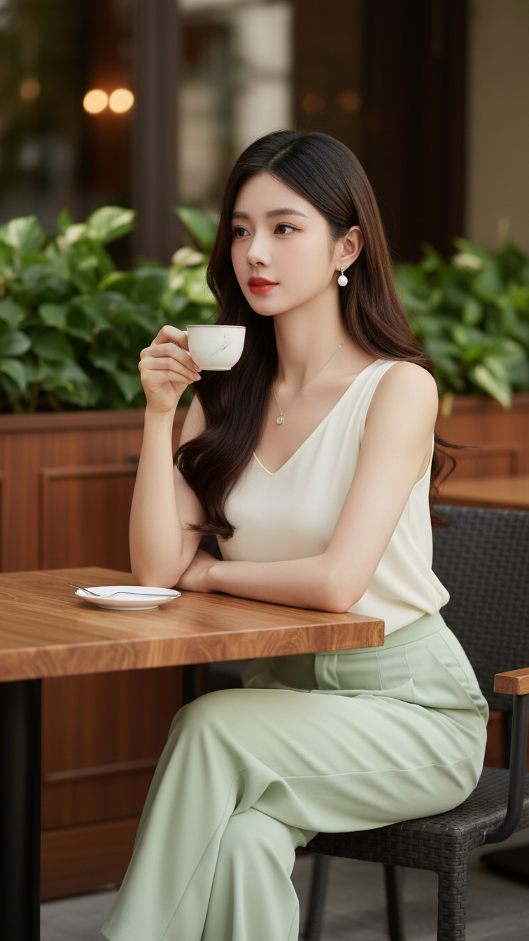 Bức chân dung thực tế của cô gái trẻ thanh lịch trong quán cafe sang trọng