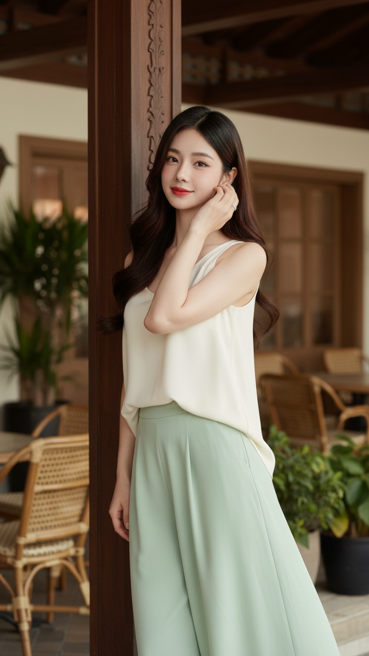 Chân dung thanh lịch của cô gái trẻ giữa không gian quán cà phê sang trọng