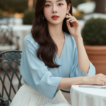 Chân dung thực tế của cô gái châu Á thanh lịch tại quán cafe sang trọng