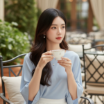 Chân dung thanh lịch của cô gái trẻ trong không gian quán cà phê sang trọng