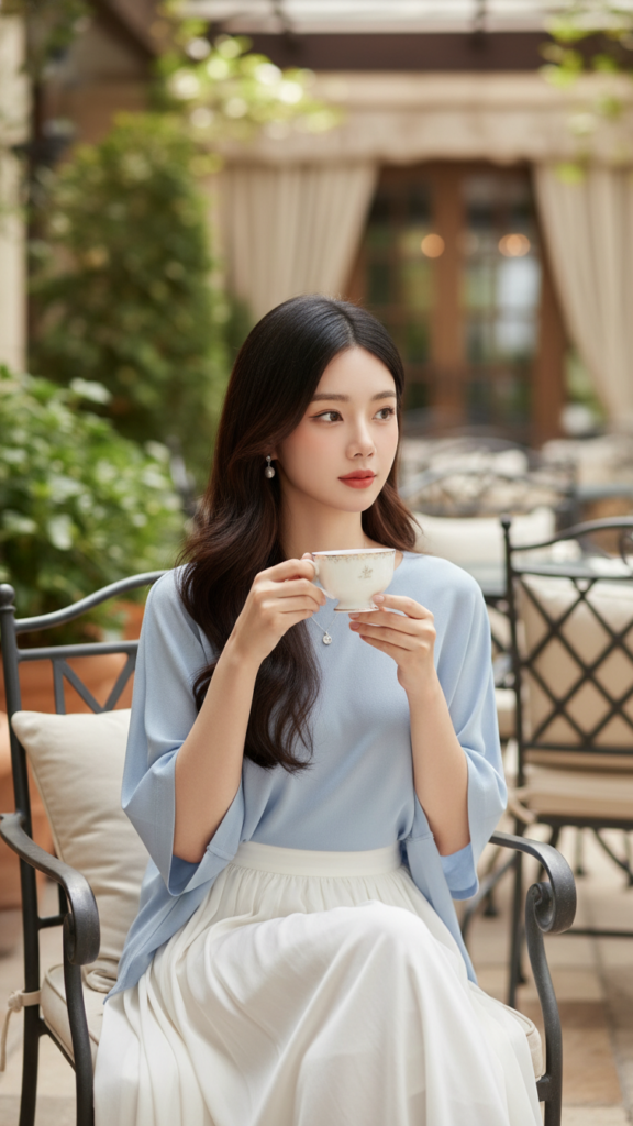 Chân dung thanh lịch của cô gái trẻ trong không gian quán cà phê sang trọng