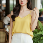 Chân dung cô gái trẻ với phong cách thanh lịch và tự nhiên giữa không gian cafe sang trọng