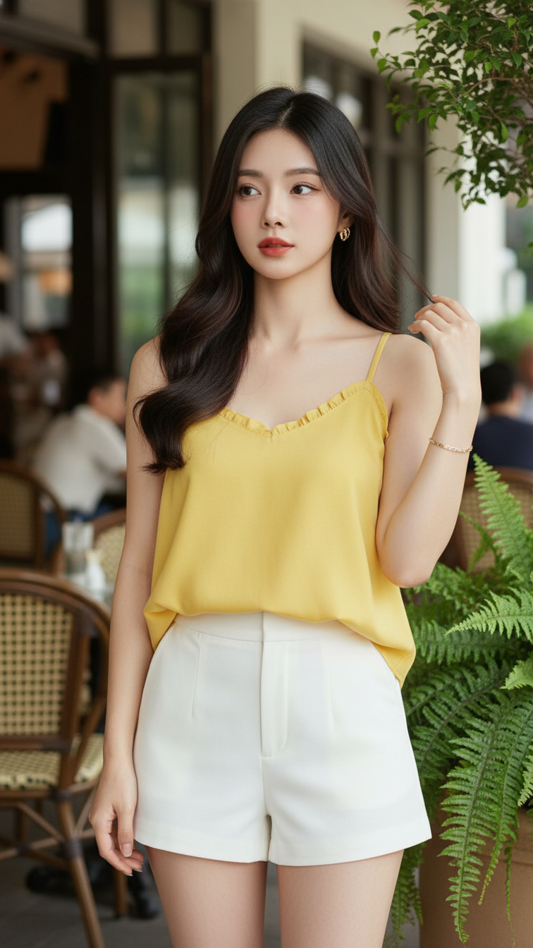 Chân dung cô gái trẻ với phong cách thanh lịch và tự nhiên giữa không gian cafe sang trọng