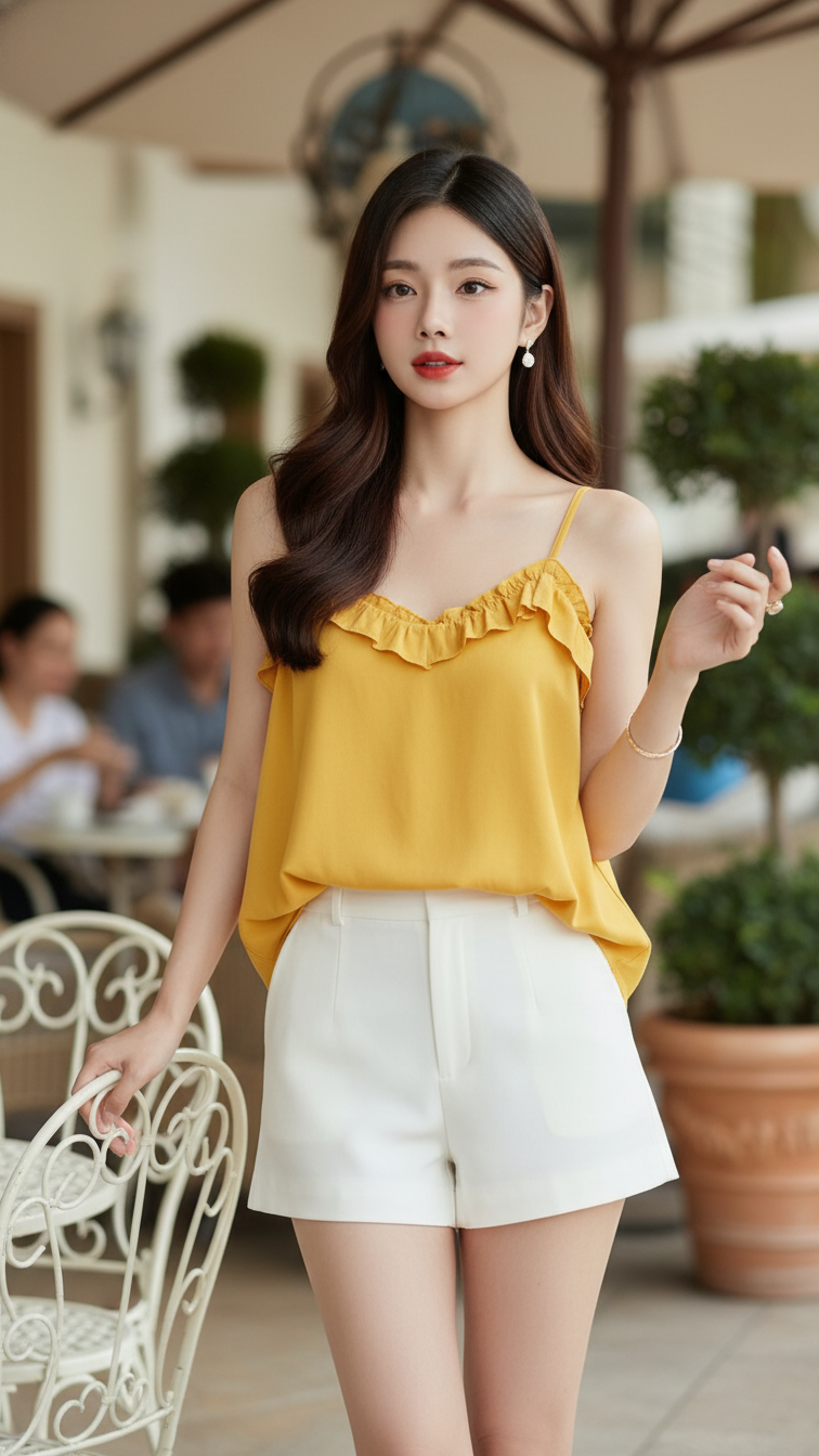 Chân dung người mẫu trẻ với phong cách trang nhã và vẻ đẹp tự nhiên tại quán cafe ngoài trời