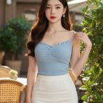 Chân dung cô gái Á Đông xinh đẹp trong không gian quán cà phê sang trọng