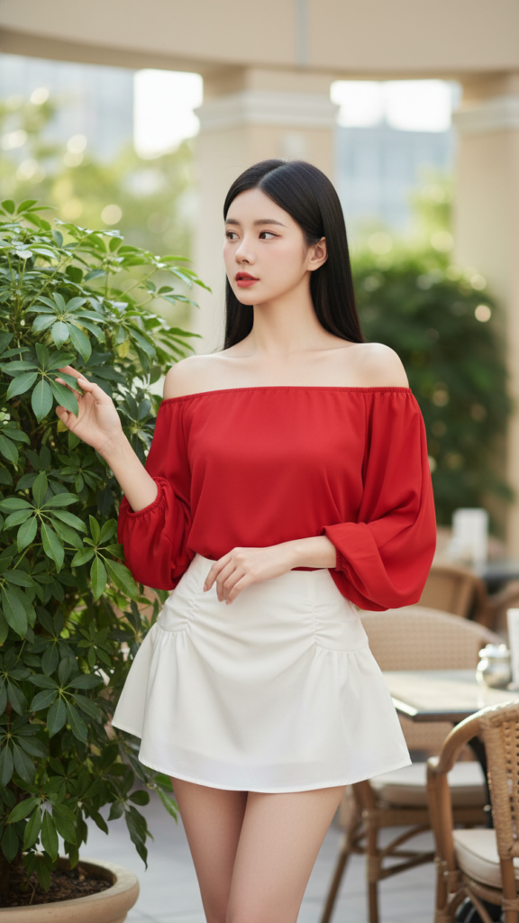 Chân dung thanh lịch của cô gái châu Á tự tin tại quán cà phê sang trọng.