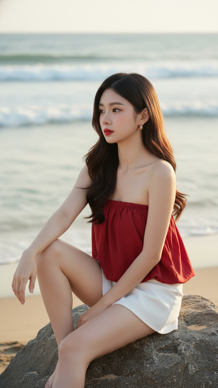 Chân dung thanh lịch của cô gái trẻ bên bờ biển mùa hè