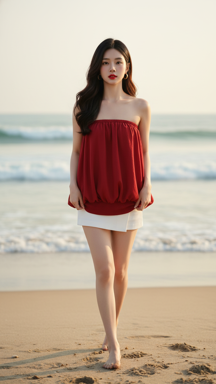 Chân dung cô gái trẻ bên bờ biển với vẻ đẹp tự nhiên và phong cách thời trang nổi bật