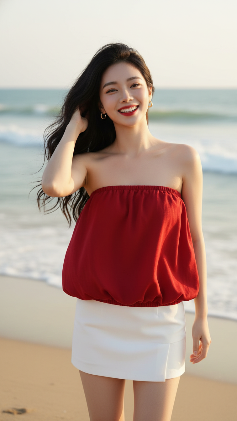 Chân dung sống động của cô gái trẻ bên bờ biển đầy nắng và gió