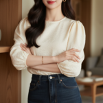 Tạo chân dung thực tế của cô gái trẻ tự tin và thanh lịch trong không gian ấm cúng