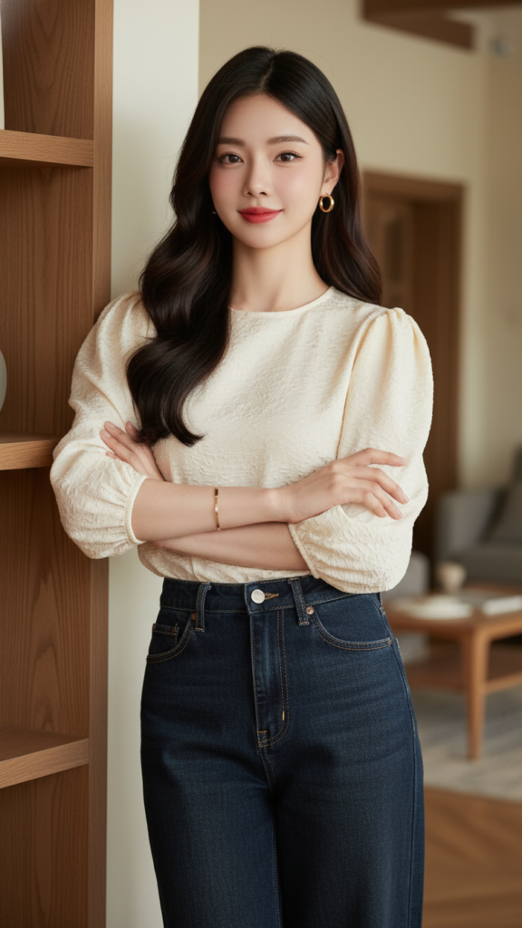 Tạo chân dung thực tế của cô gái trẻ tự tin và thanh lịch trong không gian ấm cúng