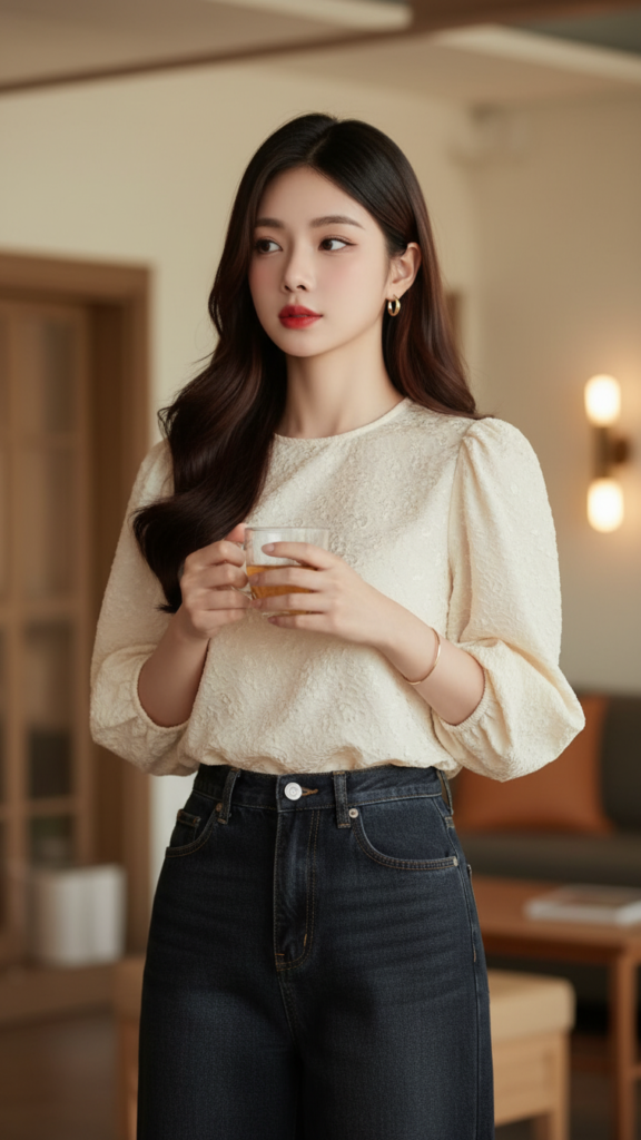 Chân dung cô gái trẻ tự tin trong không gian ấm cúng và phong cách thời trang hiện đại
