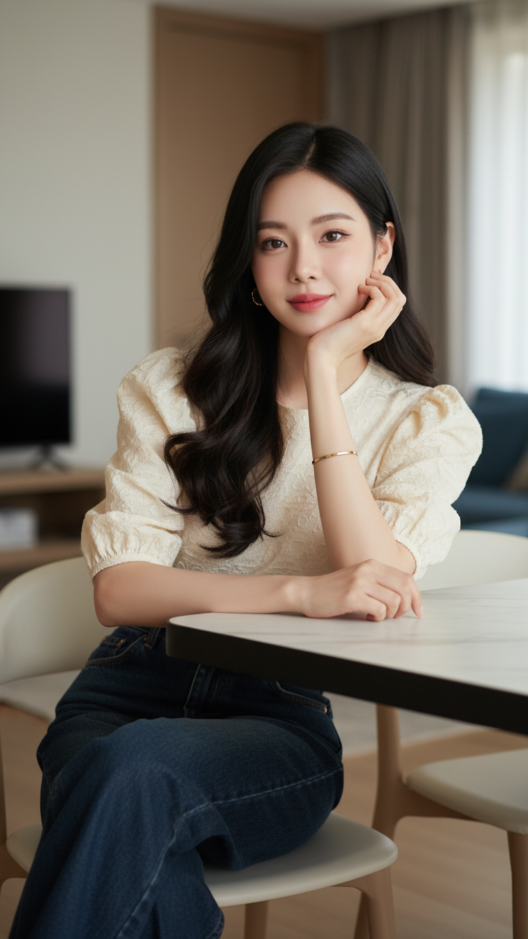 Chân dung trẻ trung và tự tin của cô gái châu Á trong không gian ấm cúng