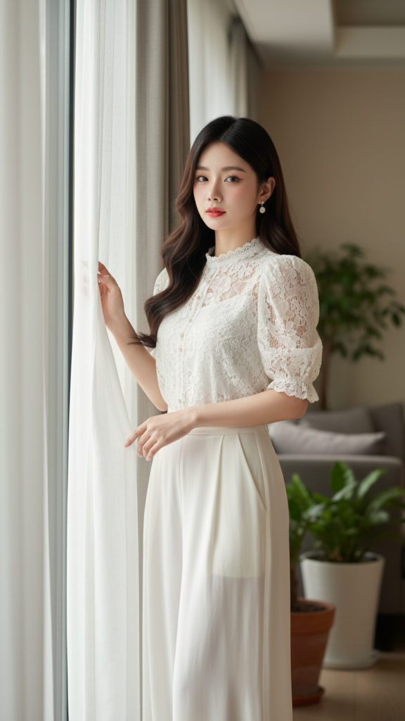 Chân dung thanh lịch của cô gái trẻ trong bối cảnh ấm cúng và tự nhiên