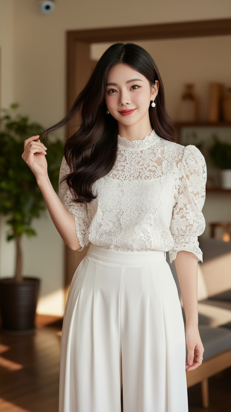 Chân dung trẻ trung và thanh lịch của cô gái châu Á trong không gian ấm cúng