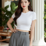 Chân dung tự nhiên của cô gái trẻ phong cách tự tin và thời thượng tại quán cafe sang trọng